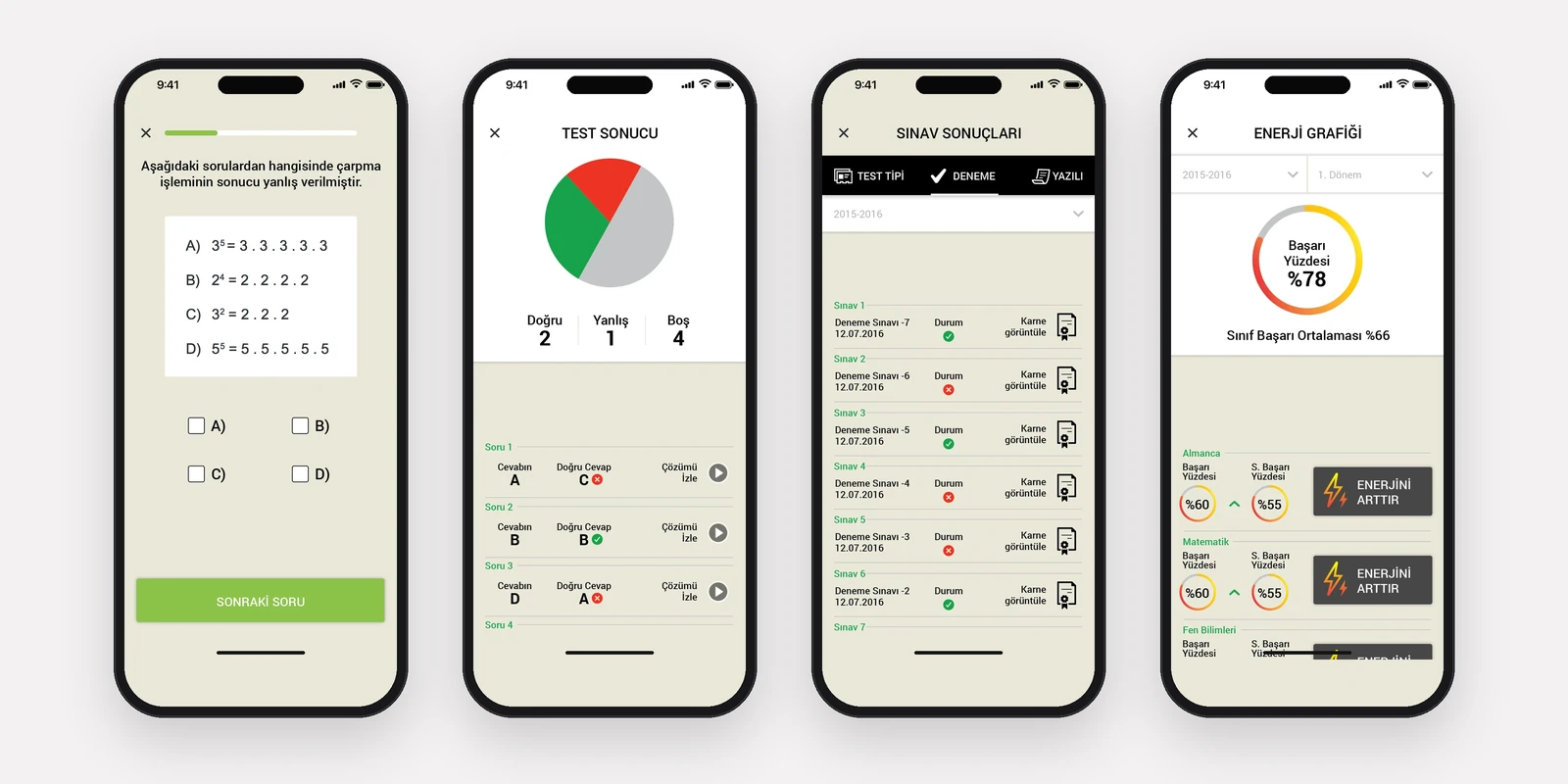 Soru, test sonucu, sınav sonuçları ve enerji grafiği ekranları