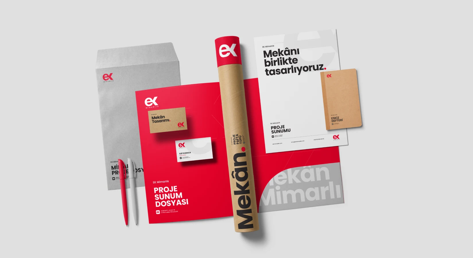 Zarf, kartvizit, antetli kâğıt ve sunum dosyasından oluşan ek Mimarlık kurumsal kimlik seti