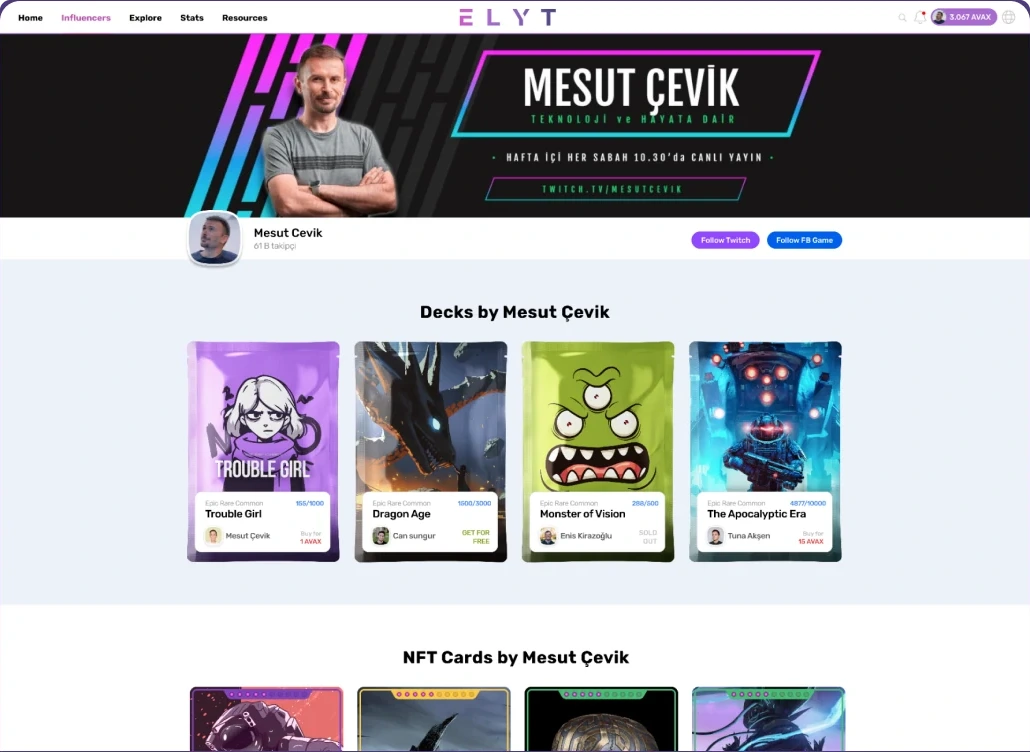 Influencer’ın kapak görseli, sosyal kanalları, deck’leri ve NFT kartlarını sunan profil sayfası.