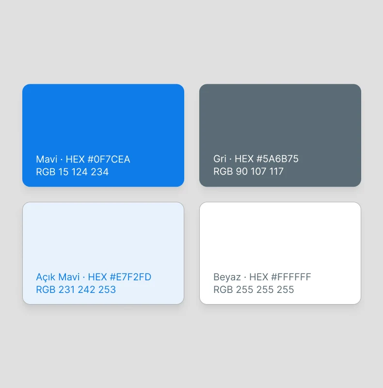 Technology-focused colour system of primary blue, light blue, neutral grey and white.