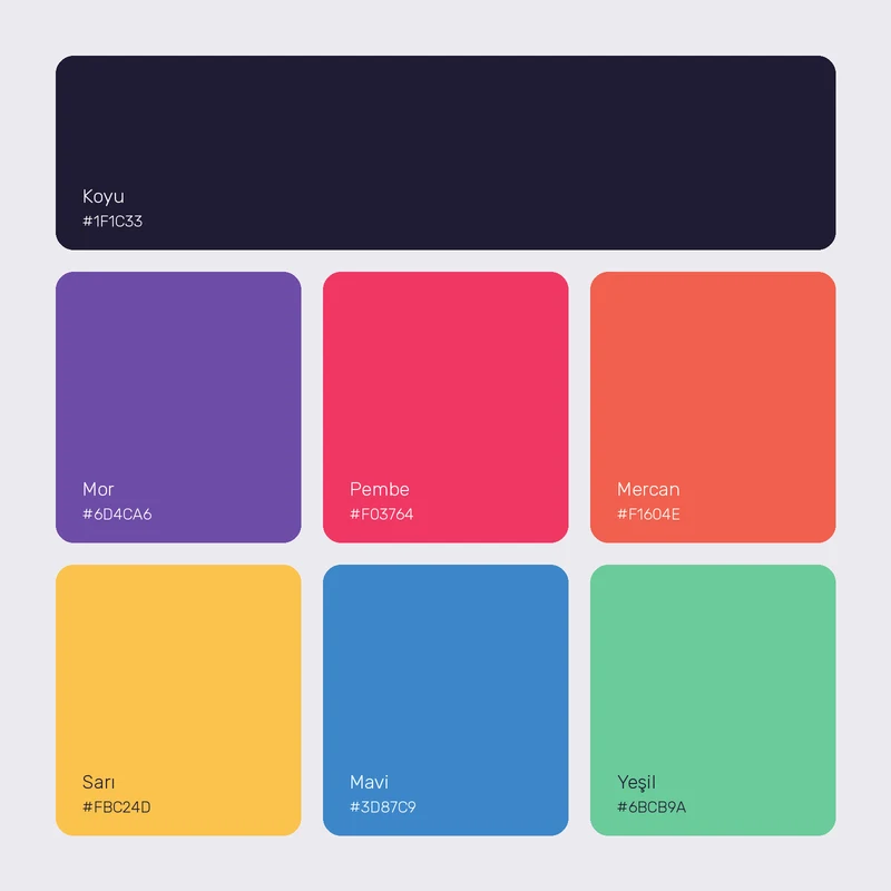 Colour palette with dark, purple, pink, coral, yellow, blue and green tones