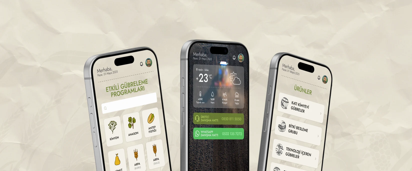 Home screen combining local weather, agricultural data and farmer helplines. Effective Fertilisation Programmes selector organised with crop icons. Solid chemical, plant nutrition, organomineral and organic fertiliser categories.