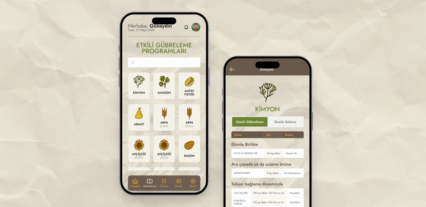 Effective Fertilisation Programmes selector with crop icons. Cumin programme details showing fertiliser, dosage, timing and application methods.