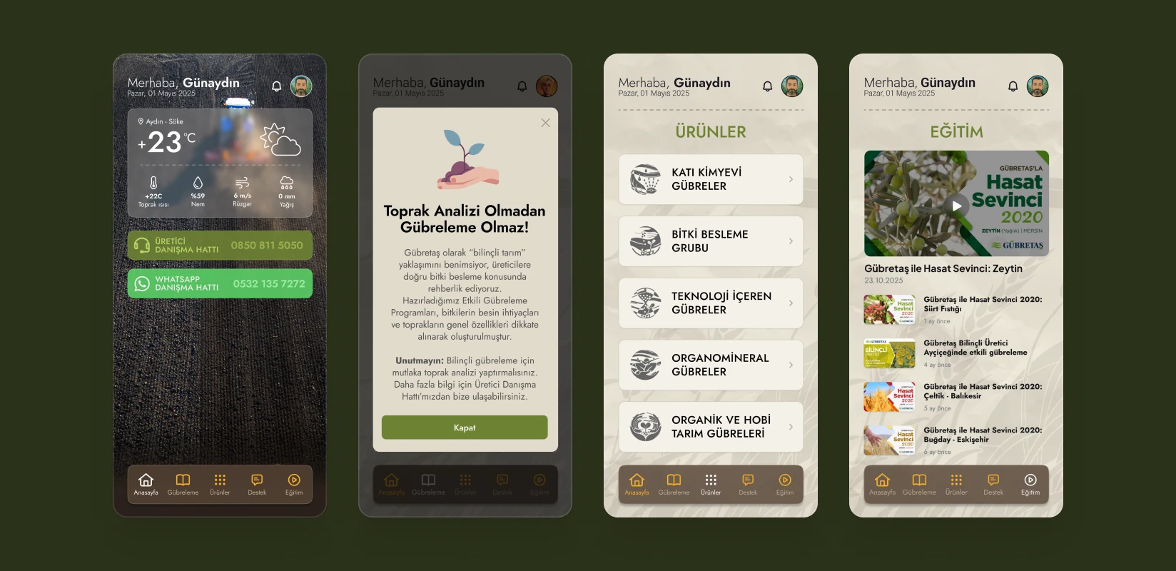 Home screen combining local weather, agricultural data and farmer helplines. Information and alert screen explaining soil analysis. Solid chemical, plant nutrition, organomineral and organic fertiliser categories. Farmer training area organised around video content.