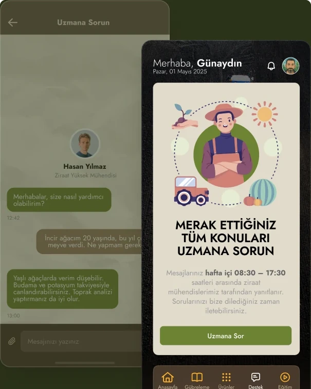 Ask an Expert entry and chat screens connecting farmers with agricultural engineers.