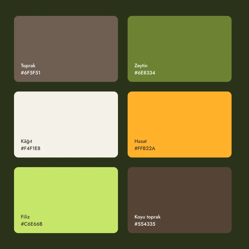 Six interface colours in earth, olive and harvest tones