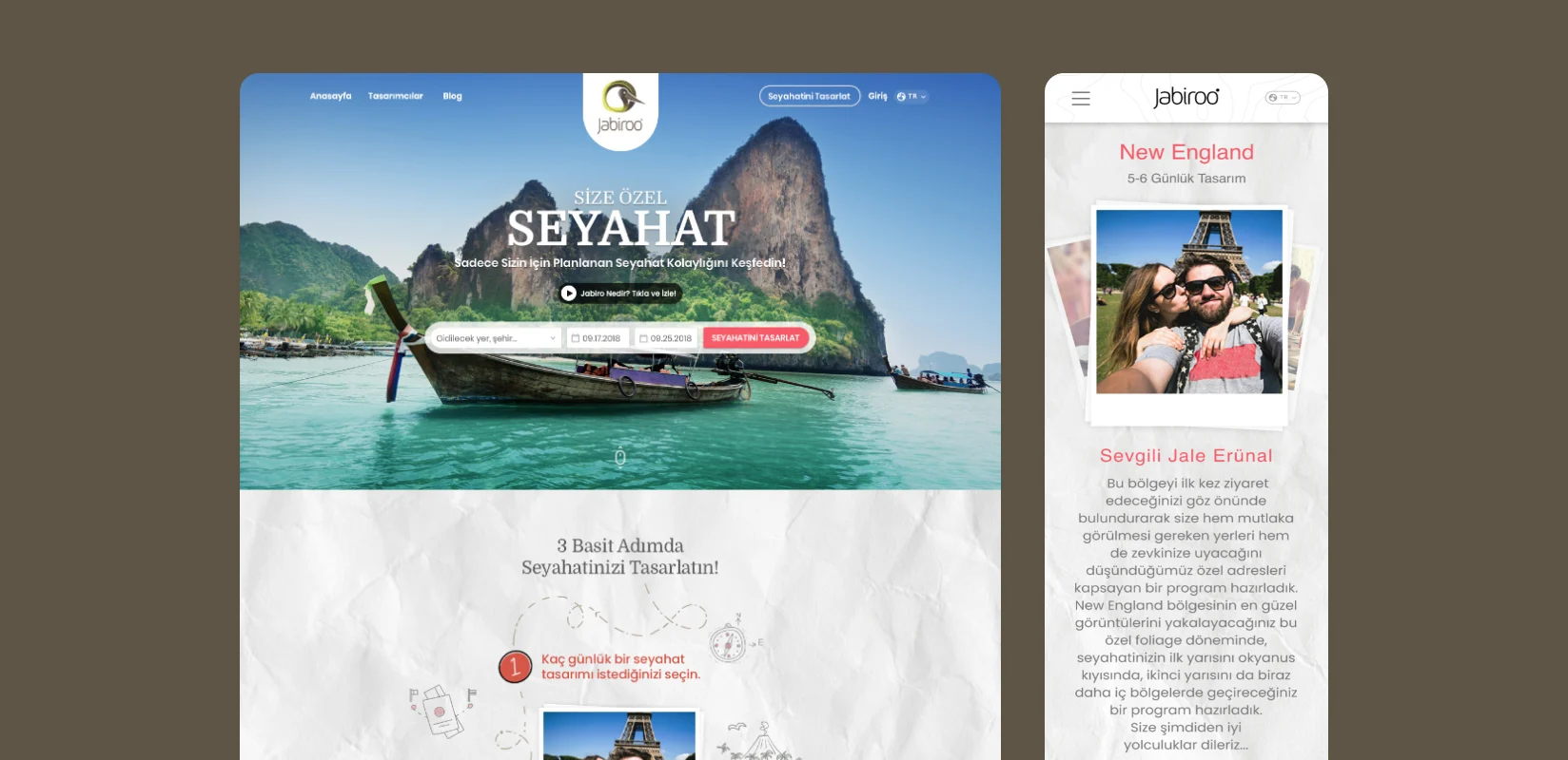 Homepage and mobile itinerary: destination photography, a travel-planning prompt and a personalised New England itinerary on mobile.