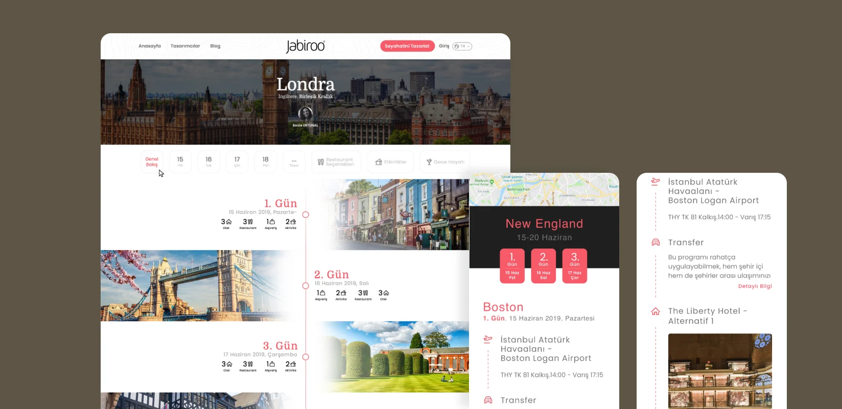 Personal itinerary: a desktop London planning interface organised by day, accommodation, restaurants, shopping and activities.