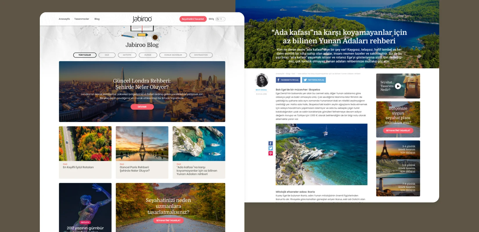 Jabiroo Blog: homepage and article page presenting travel, food, activity and destination content through large photographs.