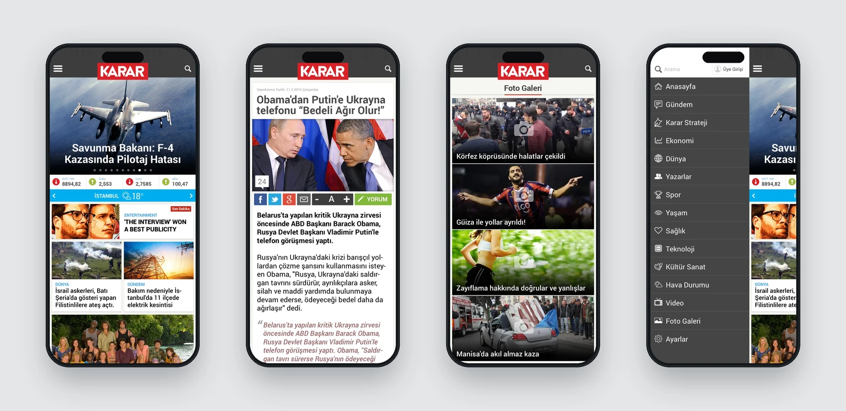 Telefonda ana sayfa, haber detayı, foto galeri ve açılır menü ekranları