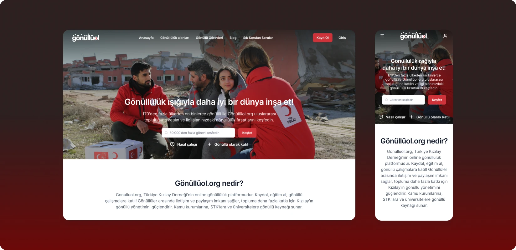 Gönüllüol ana sayfası masaüstü ve mobil görünümde
