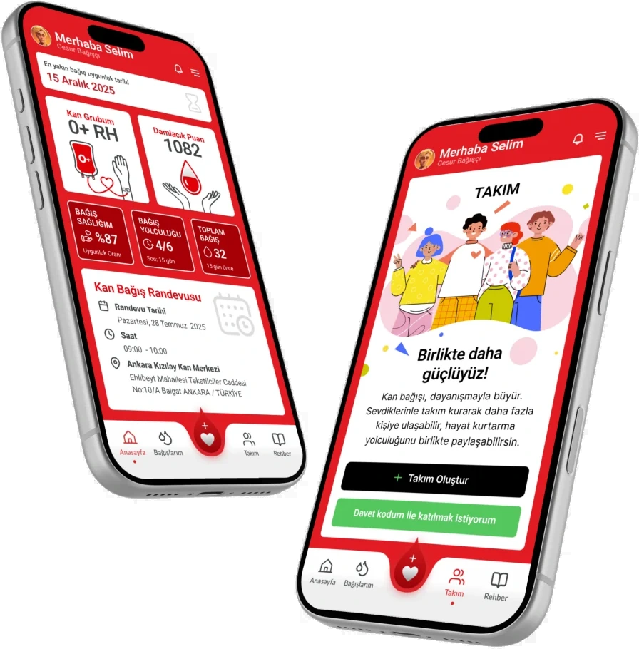 Kızılay Kan App ana ekranı ve takım ekranı, iki telefonda