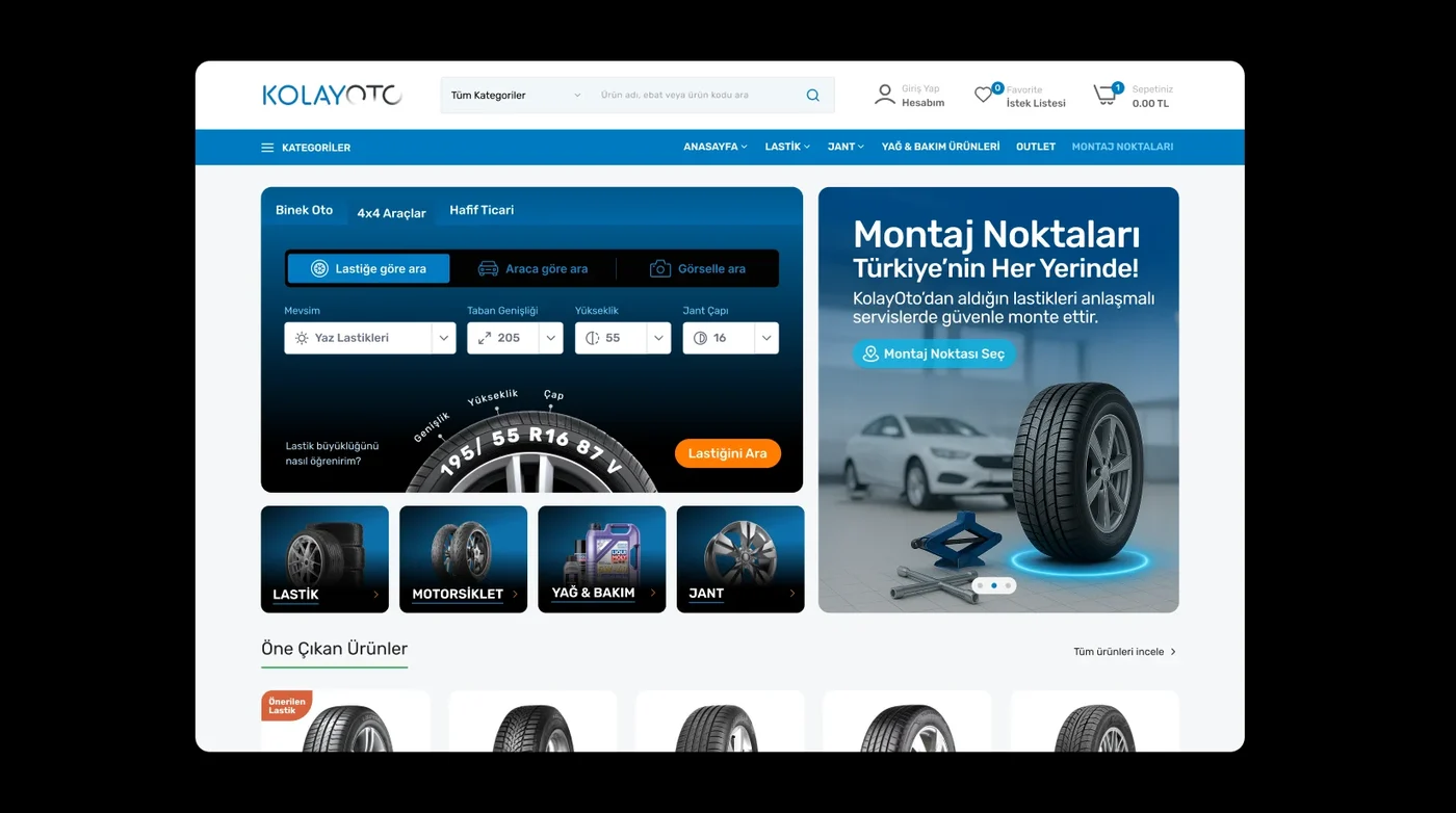 kolayoto.com e-ticaret sitesi ekranları