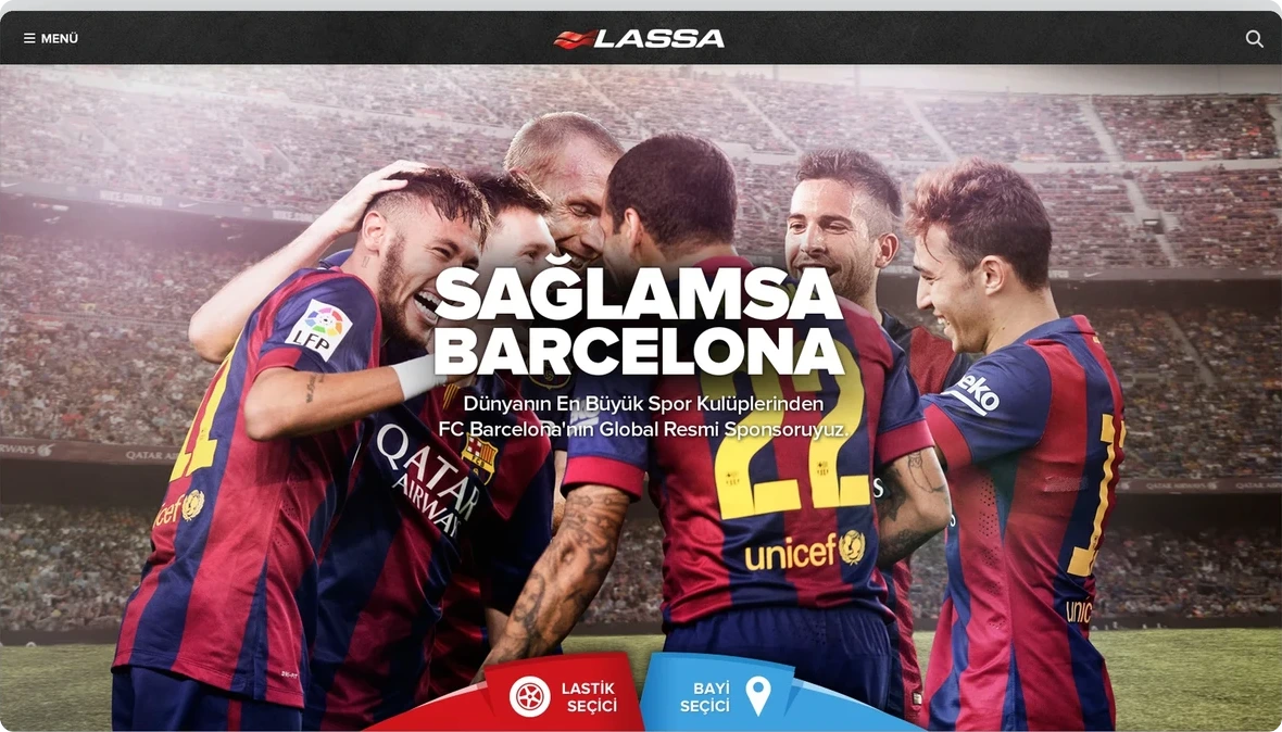 Barcelona oyuncuları, “Sağlamsa Barcelona” kampanyası ve lastik seçici yönlendirmeleriyle Lassa ana sayfası.