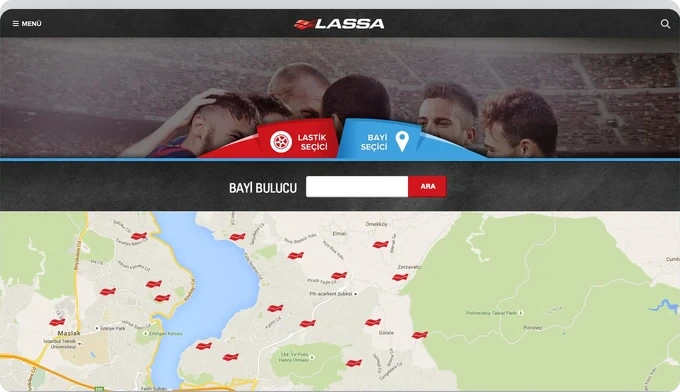 Arama kutusu ve konum işaretlerini birleştiren harita tabanlı bayi bulucu.
