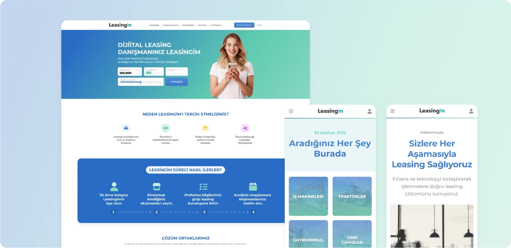 Leasingim ana sayfası ile responsive mobil ekranları bir araya getiren ürün deneyimi.
