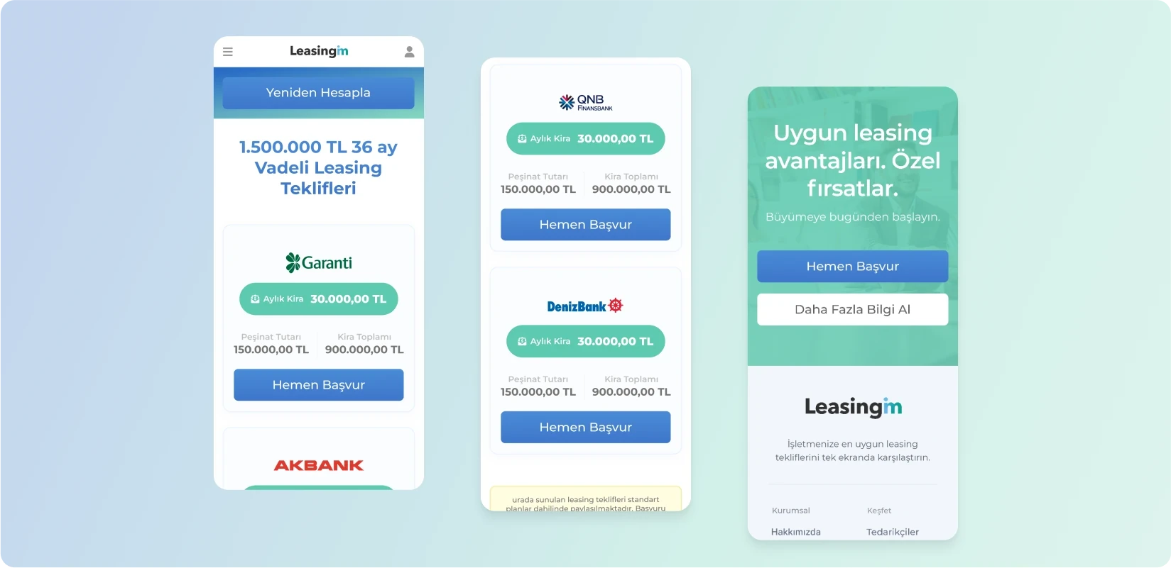 Finans kuruluşlarından gelen teklifleri karşılaştırılabilir kartlarda sunan mobil ekranlar.