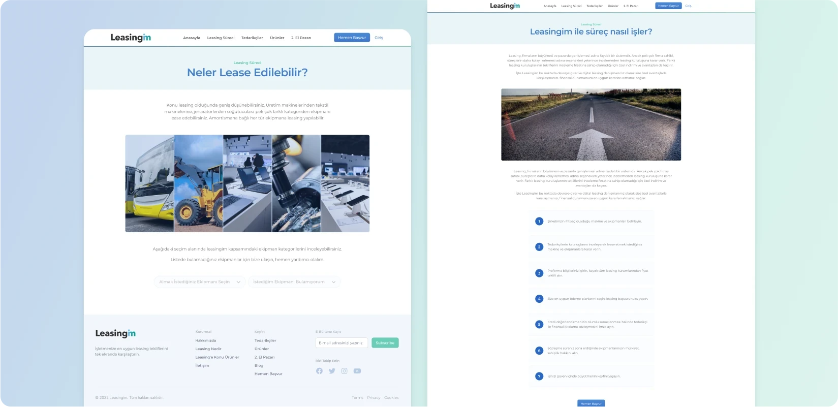 Lease edilebilen ürünleri ve sürecin işleyişini açıklayan bilgilendirme sayfaları.