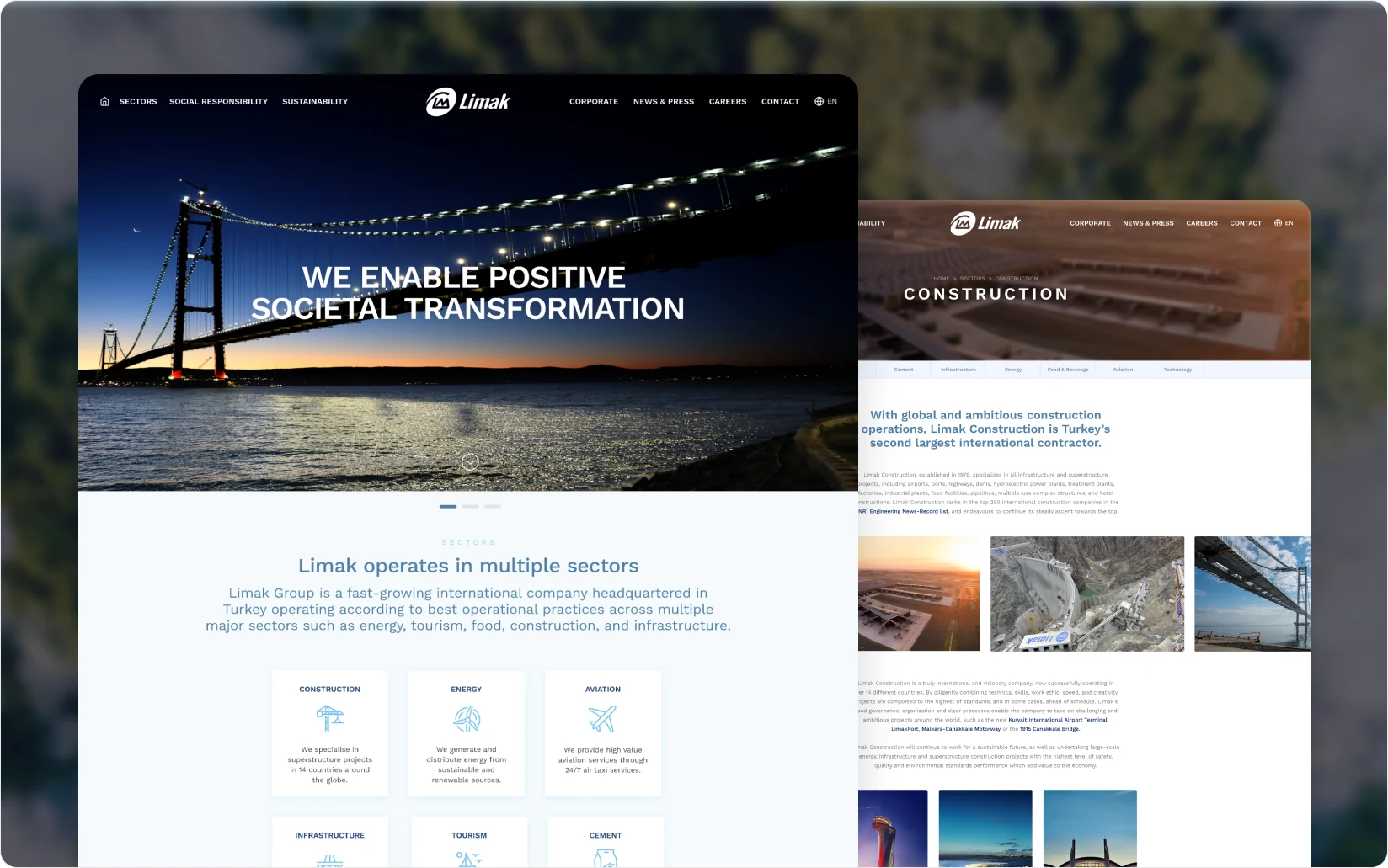 Corporate web experience combining Limak Holding’s homepage and construction project screens.