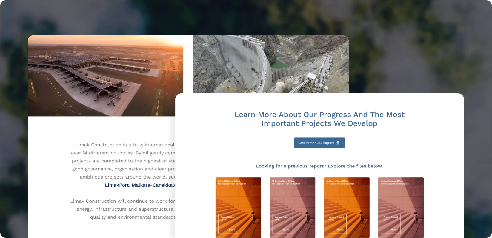 Pages presenting current announcements and corporate reports in a clear content hierarchy.