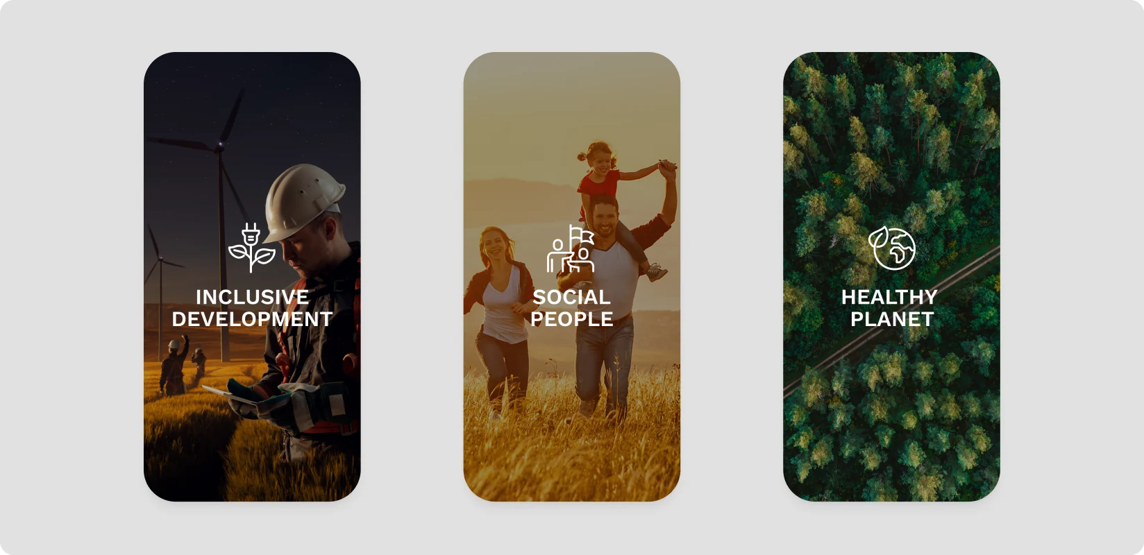 Content system explaining the holding company’s sustainability approach under distinct headings.
