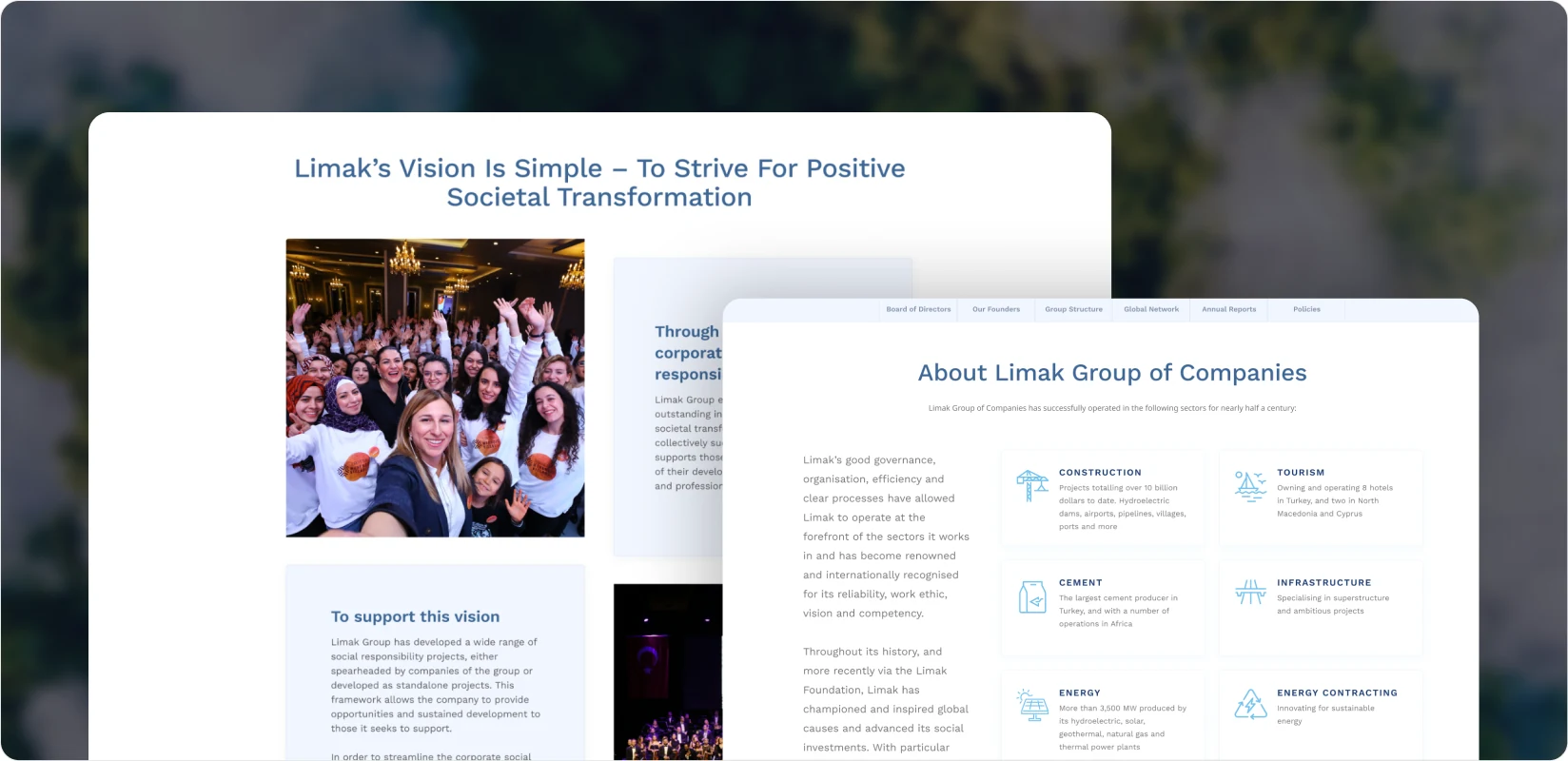 Pages pairing corporate structure and social responsibility programmes with strong photography.