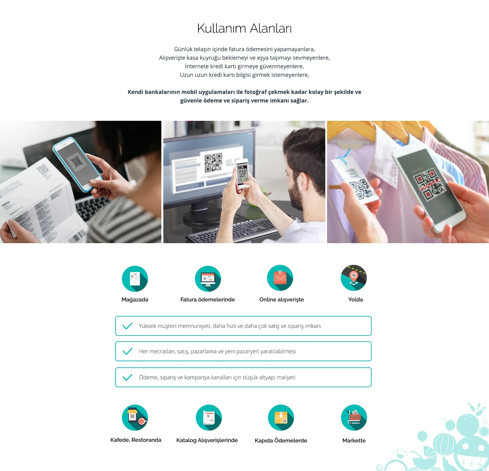 Use cases including stores, restaurants, bills, catalogues and online shopping