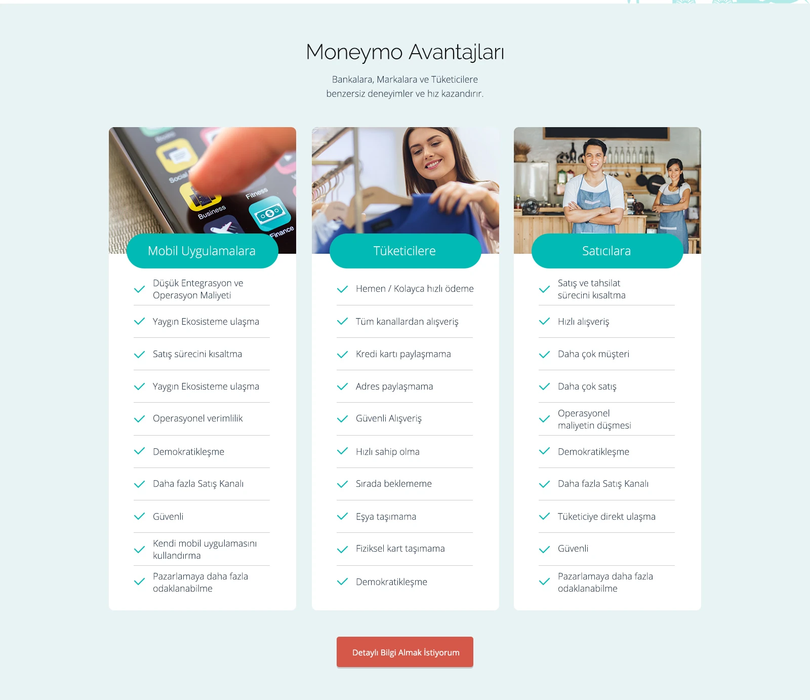 Three-column layout comparing benefits for banks, consumers and brands