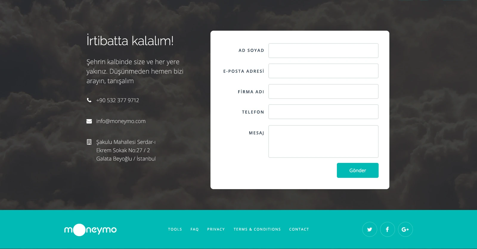 Dark page ending with contact form and corporate information