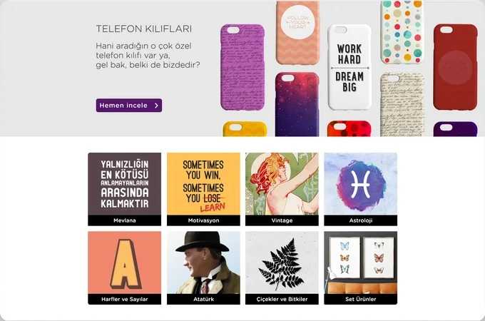 Telefon kılıfları alanı ve tema bazlı koleksiyon kutuları.