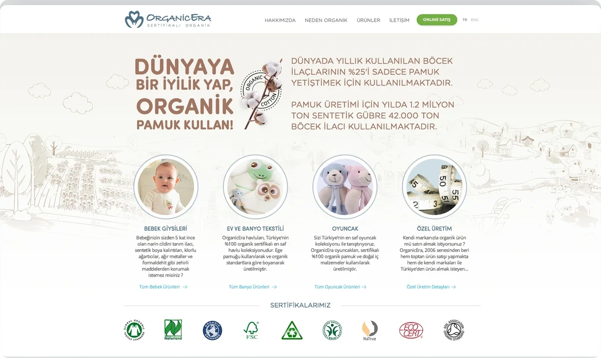 Organik pamuk anlatısı ve sertifika işaretleriyle Organicera ana sayfası.