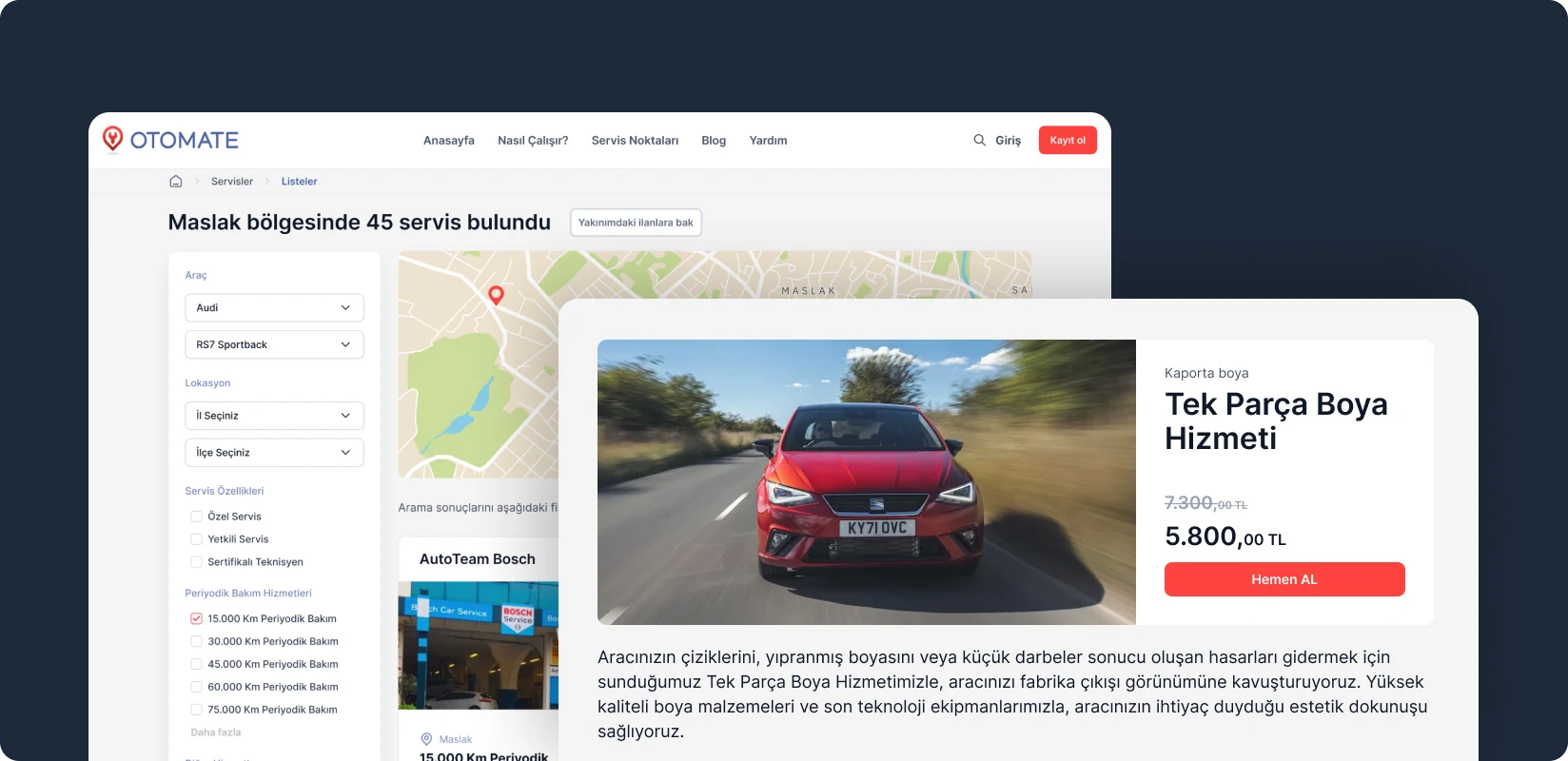 Otomate: servis listesi ve hizmet detayı