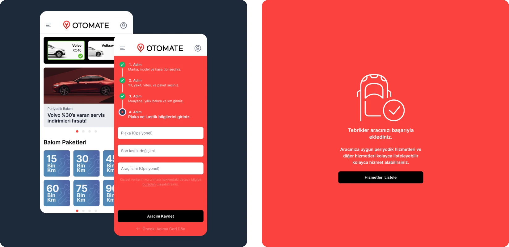 Otomate: mobil bakım paketleri ve onay ekranı