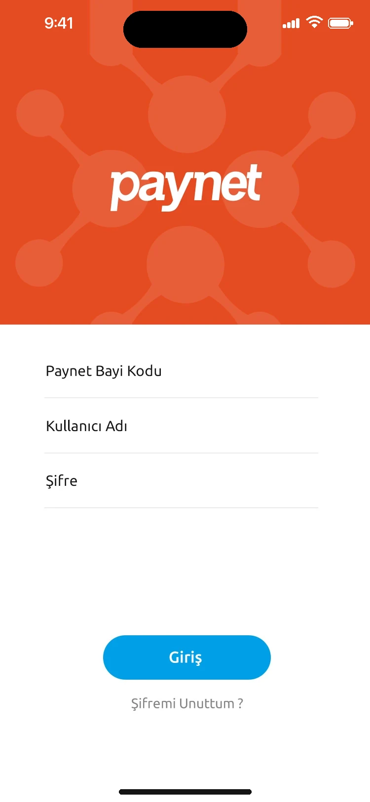 Bayi kodu, kullanıcı adı ve şifreyle giriş ekranı