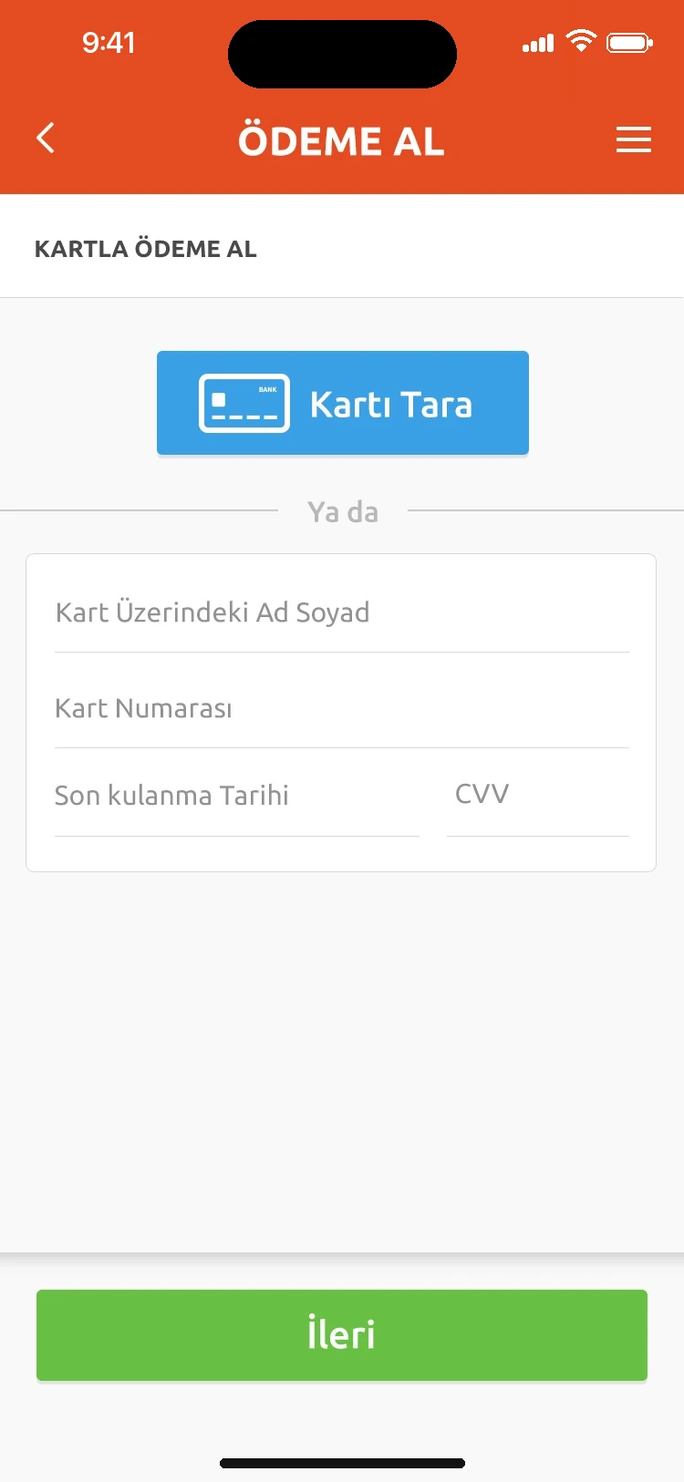Kart tarama ve kart bilgisi giriş ekranı