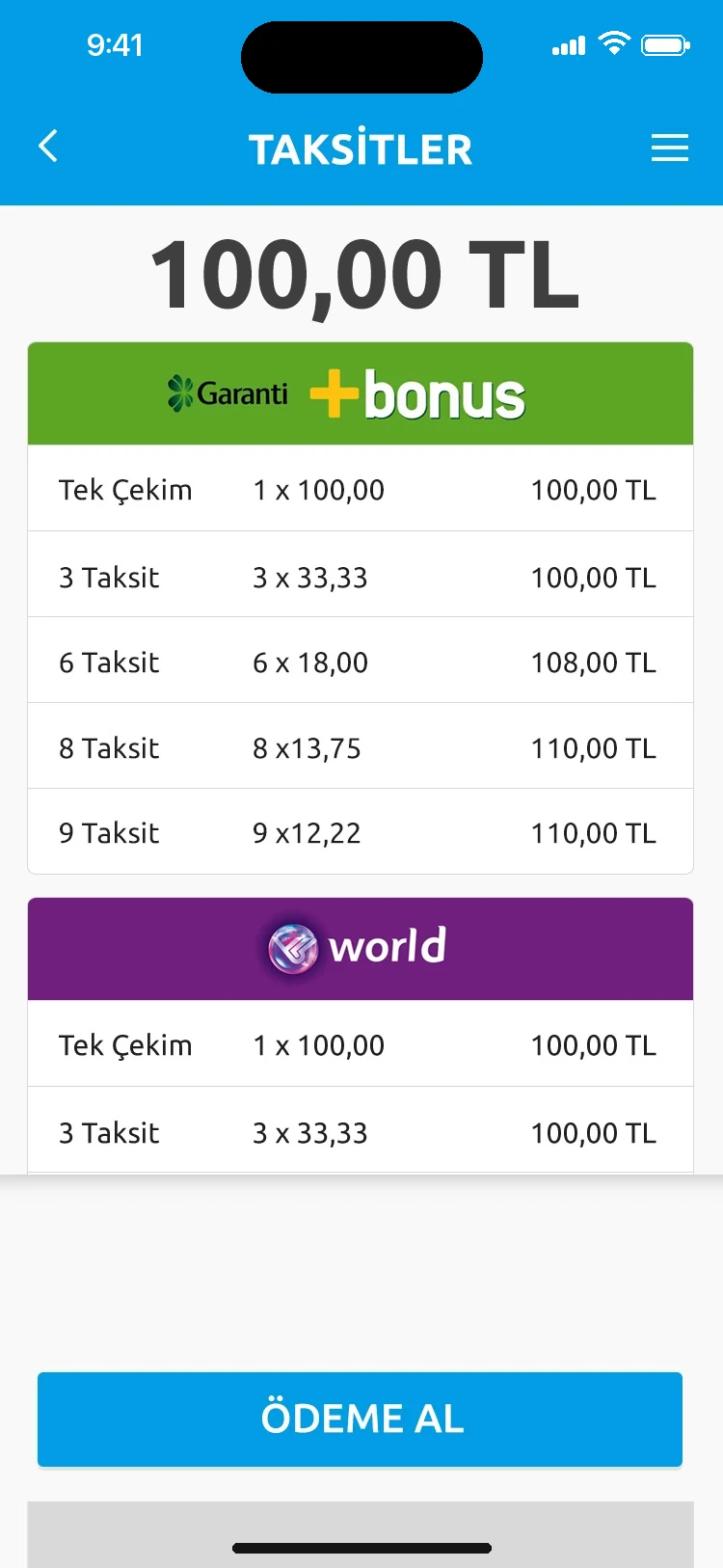 Kart markalarına göre taksit tablosu