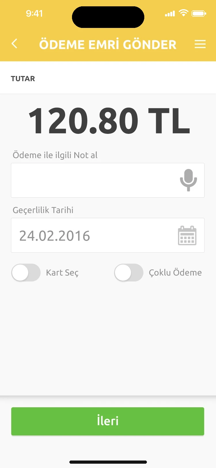 Tutar ve geçerlilik tarihiyle ödeme emri ekranı