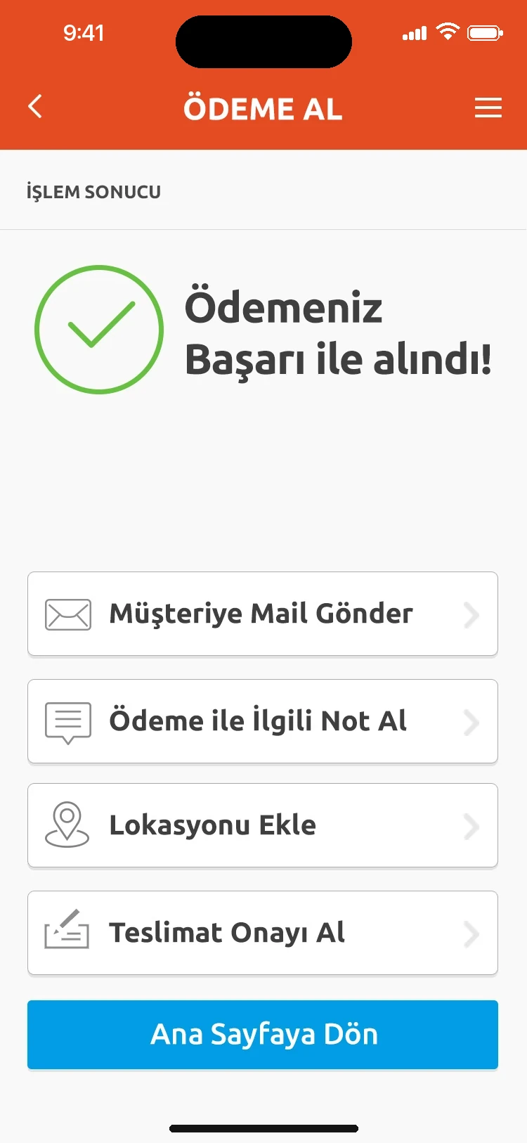 Ödemeniz başarıyla alındı ekranı