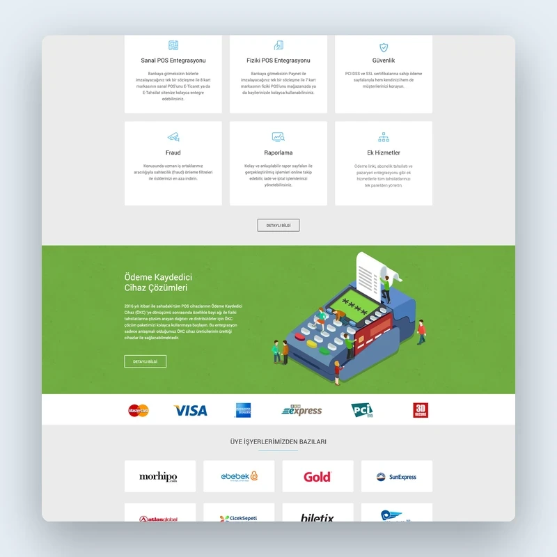 Homepage section presenting products and services in cards, highlighting payment-recording device solutions.