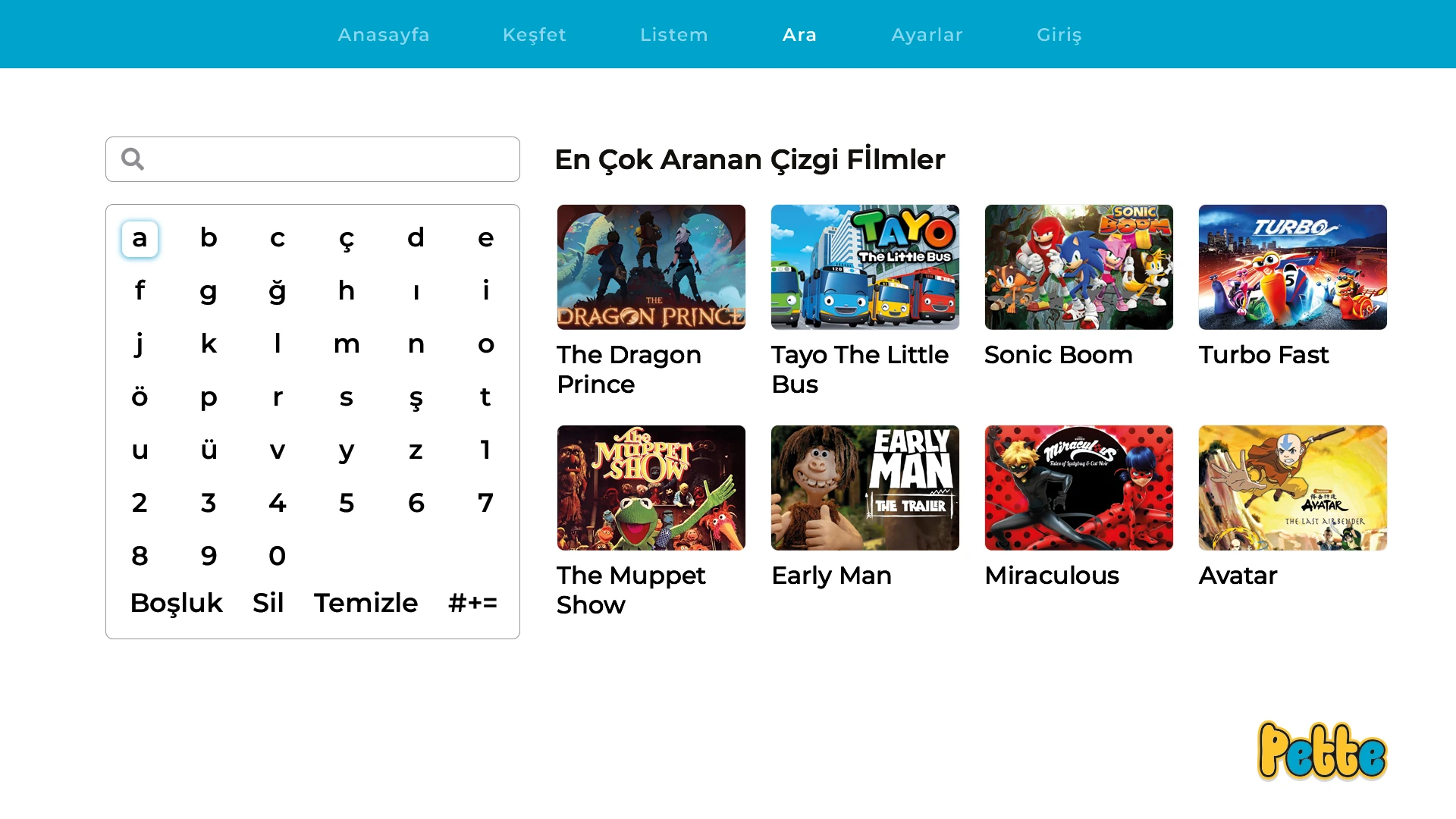 TV ekranında ekran klavyeli arama