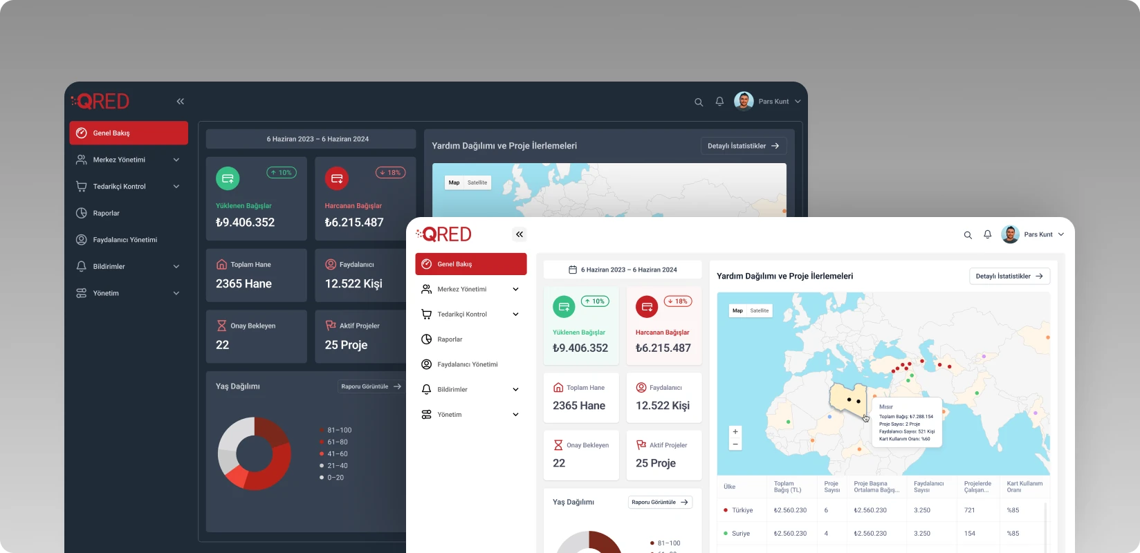 Dashboard in dark and light themes