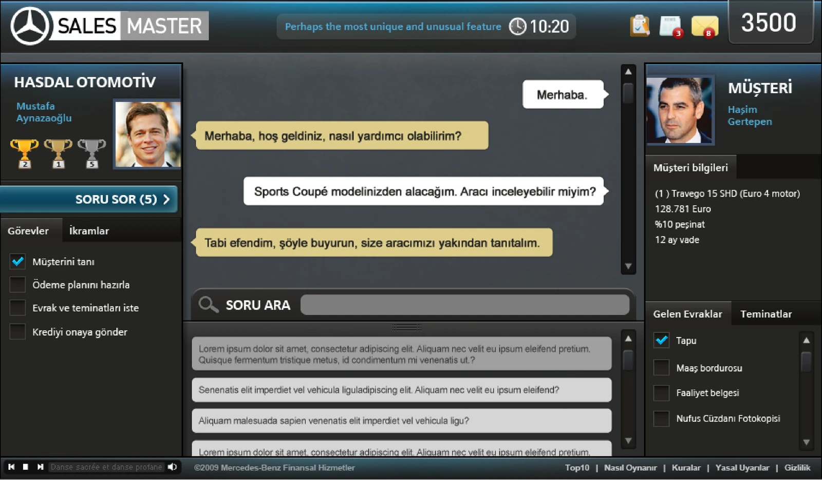 Simulation screen combining customer information and conversations with the sales representative in one workspace.
