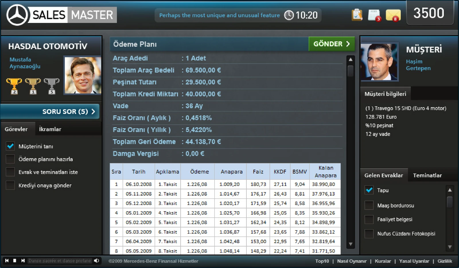 Finance screen presenting credit information, terms and payment plan in an organised table.