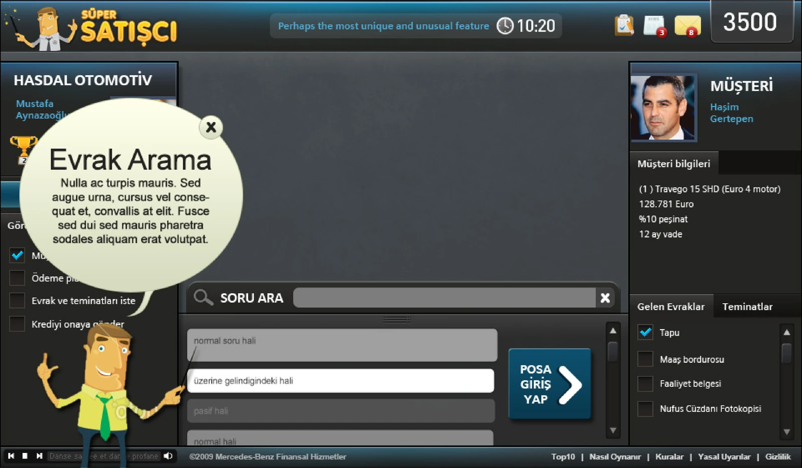 Screen where the guide character Mercedes offers a hint during a document-search task.