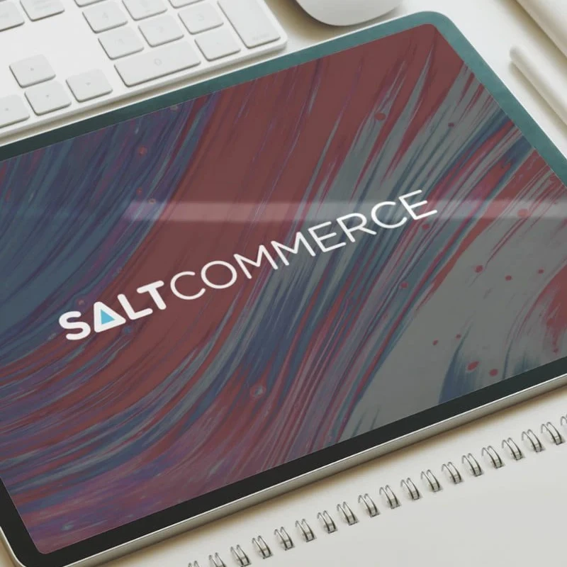 Desenli tablet ekranında Salt Commerce logosunun ana uygulaması.
