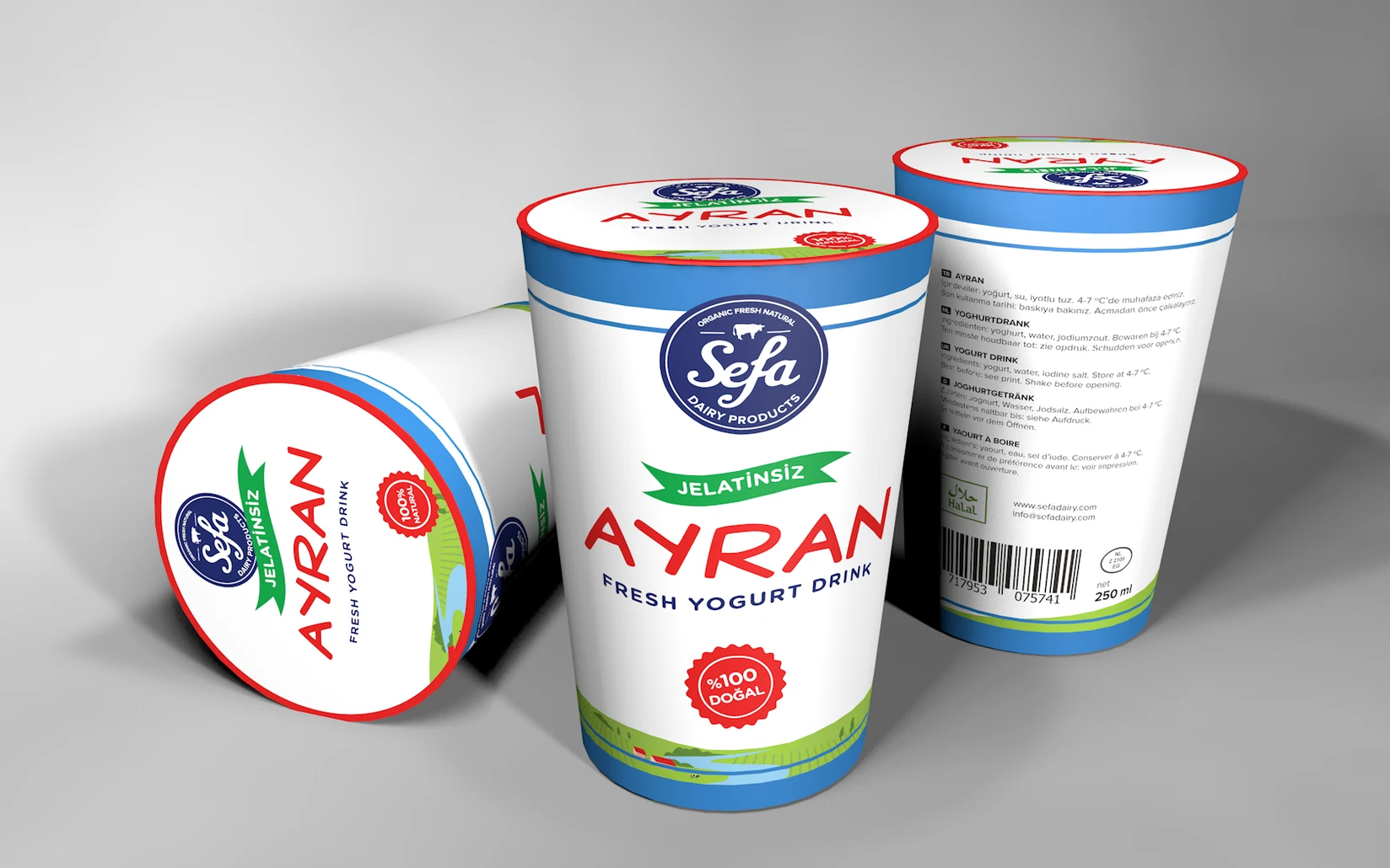 Round primary logo applied to ayran packaging.