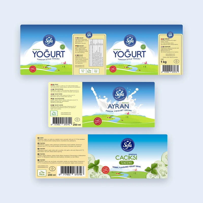 Label designs for yoghurt, ayran and cacık products.
