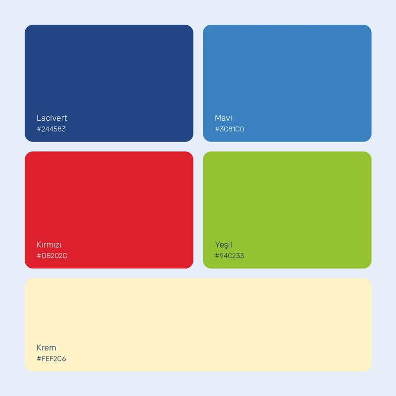 Navy, blue, red, green and cream palette.