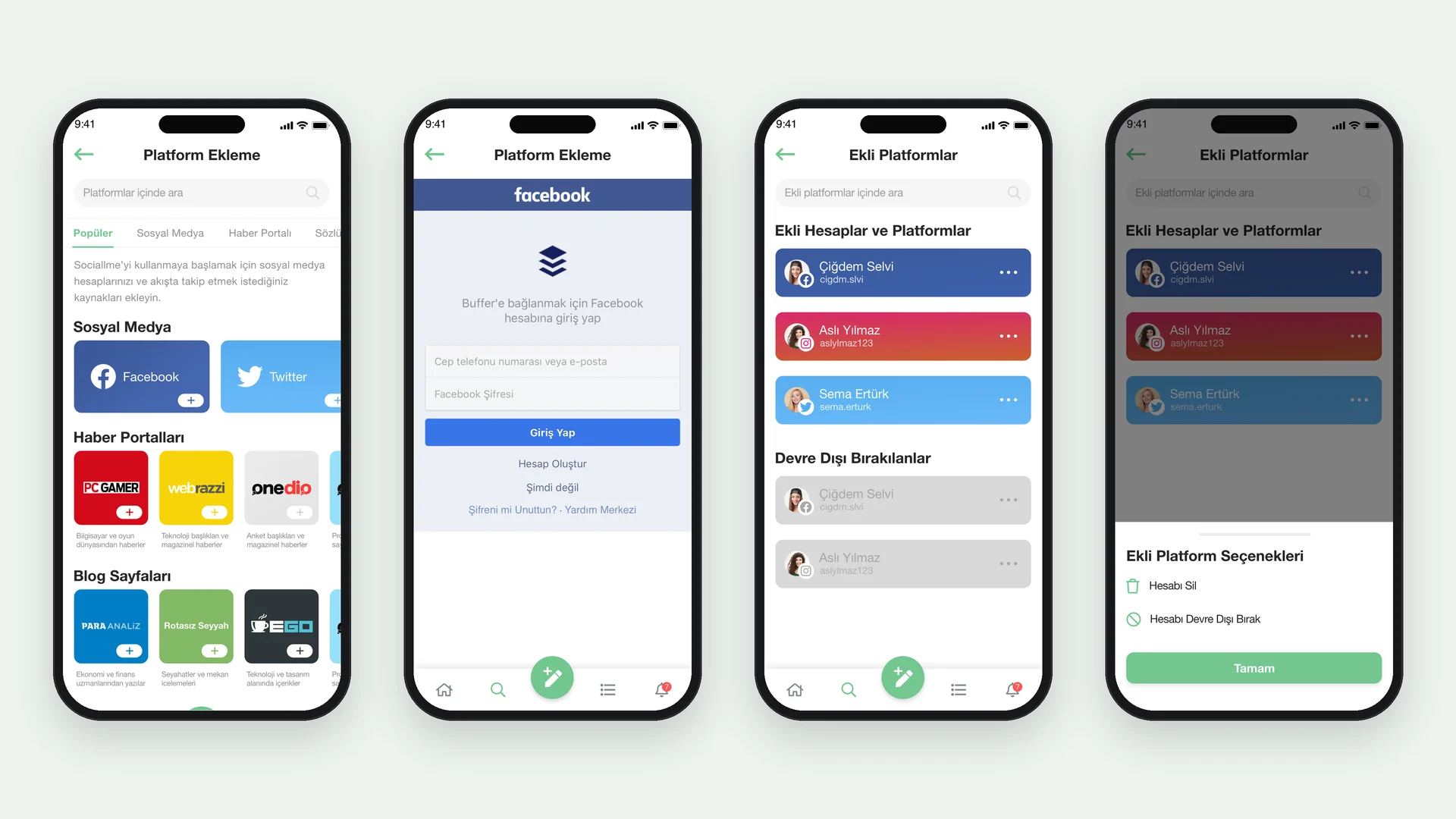 Platform bağlama: Sosyal medya hesaplarını ekleme, yetkilendirme ve bağlı hesapları yönetme ekranları.