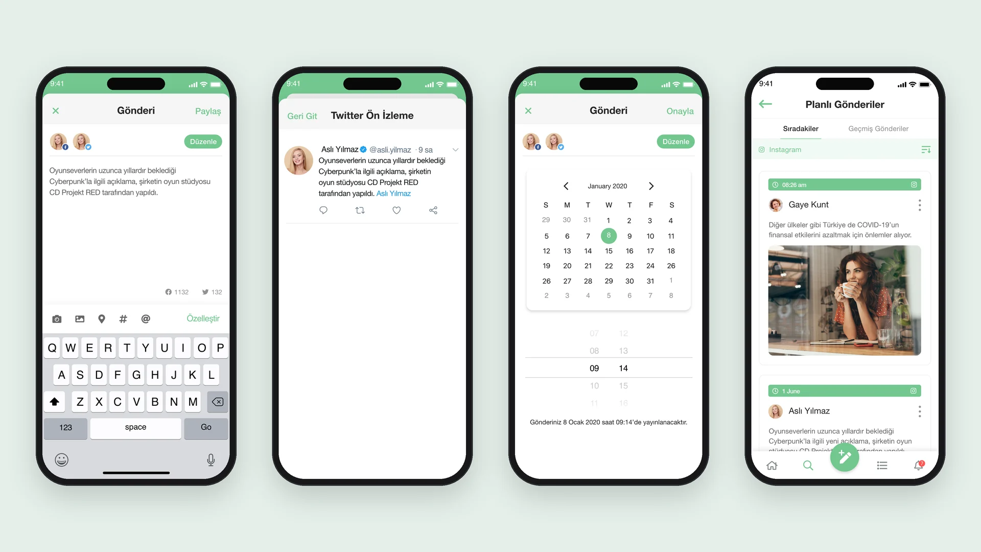 Gönderi oluşturma: Platform seçimi, Twitter önizlemesi, gönderi planlama ve planlı gönderiler.
